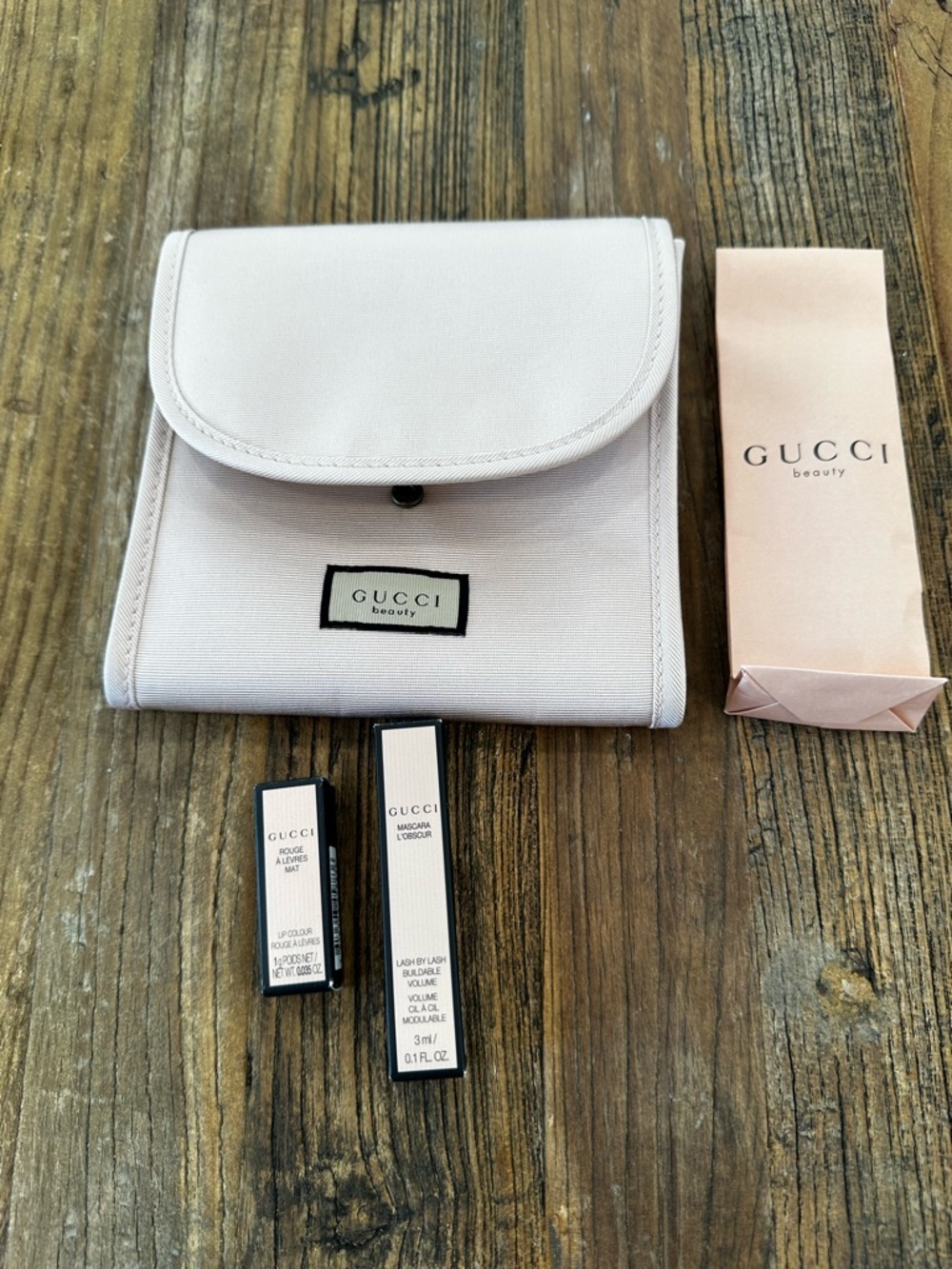 Gucci Pink Canvas Cosmetic Pouch with mini Lipstick & mini Mascara and brush